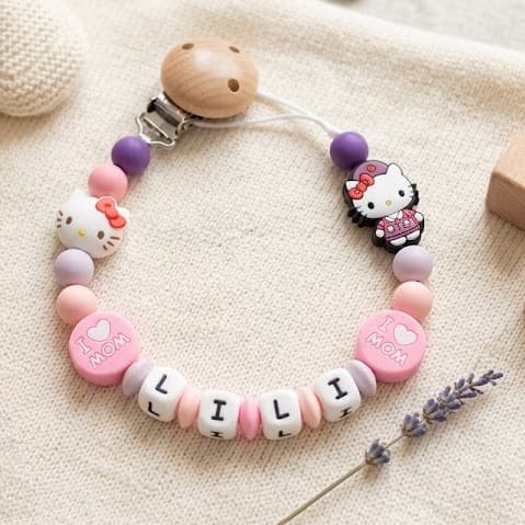 Pisicuțe Roz – lănțișor de suzetă personalizat cu nume